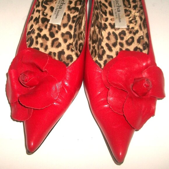 Sacha London Pointy Red-Leather Kitten Heel Flats w Big Floppry Red Camellia - Picture 1 of 9